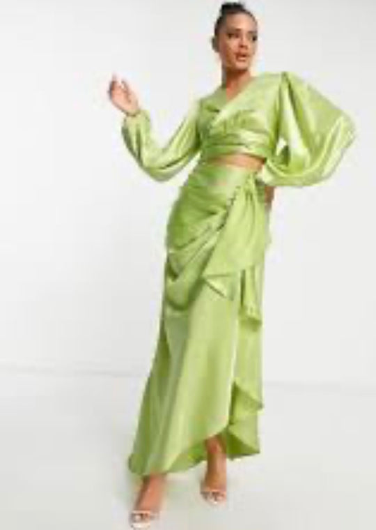 VL The Label frill satin maxi skirt in green co-ord