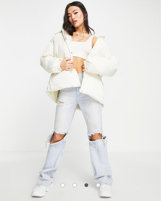 Missguided Playboy cinched waist hooded puffer jacket in stone
