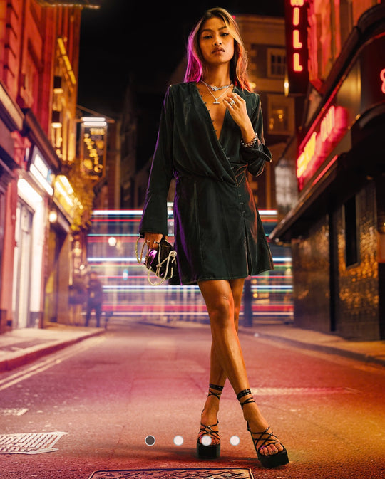 ASOS DESIGN velvet bias cut drape mini dress with button detail in forest green