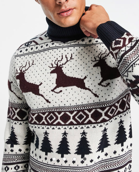 Brave Soul Christmas roll neck jumper in white multi