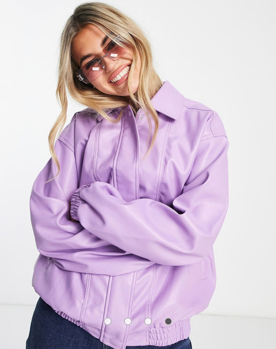 ASOS DESIGN faux leather bomber jacket in purple