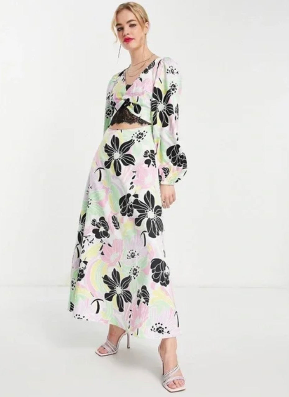 ASOS DESIGN lace insert satin midi tea dress in bold floral print