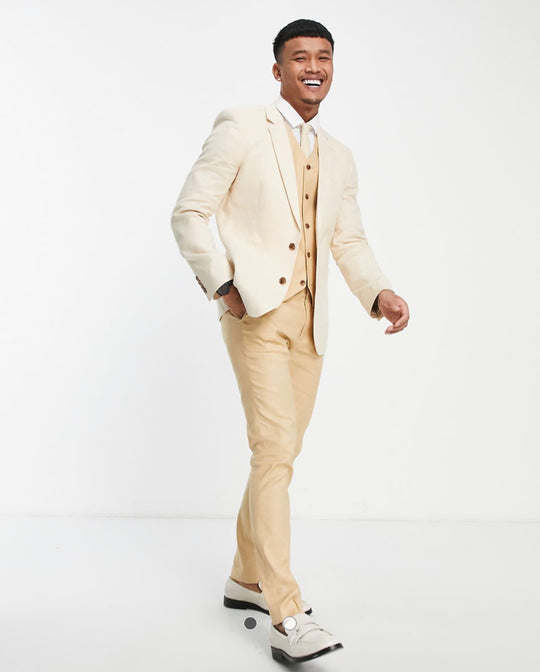 ASOS DESIGN wedding skinny cotton linen suit vest in stone