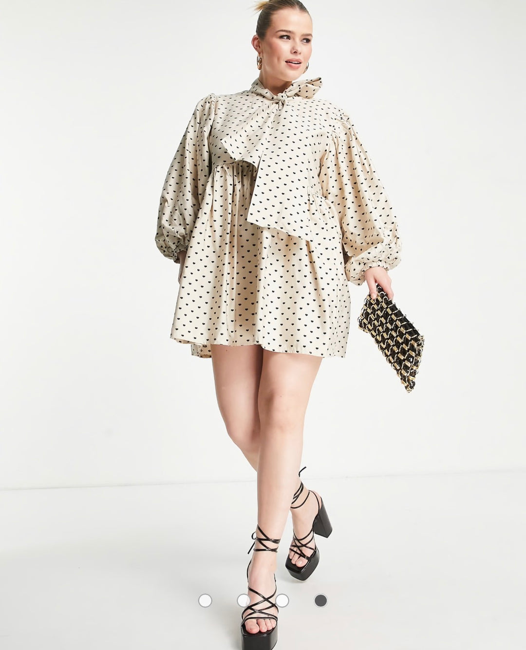 Sister Jane Plus puff sleeve mini dress with bow in heart print in beige