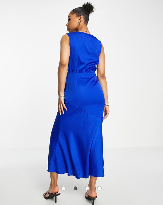 Little Mistress plunge front satin midi dress in royal blue