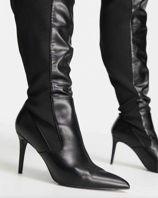 ASOS DESIGN Curve Exklusiva Blossom knähöga stövlar med klack i svart