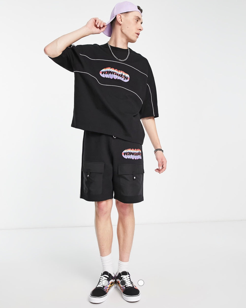 Crooked Tongues coord shorts with utility pockets and logo print in black