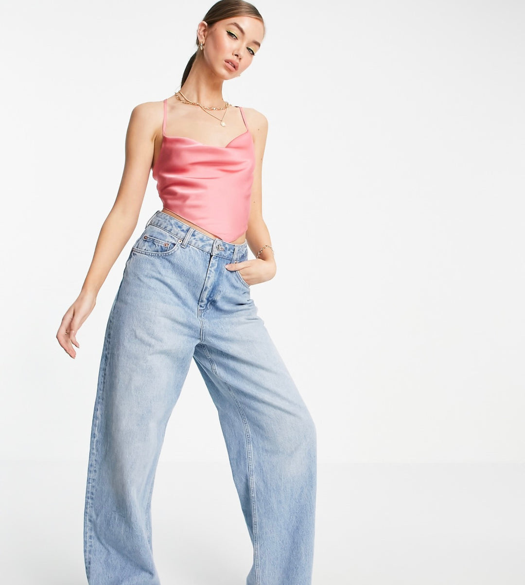 ASOS DESIGN satin scarf top with cowl neck and lace up back in pink