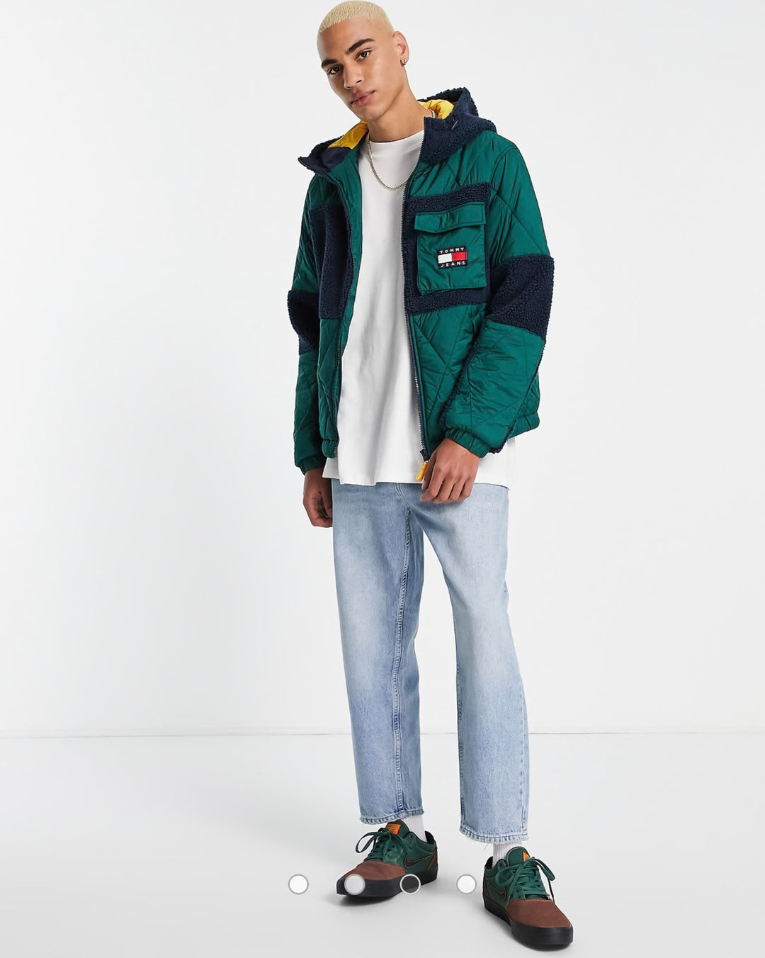 Tommy Jeans sherpa quilt hybrid hooded jacket in green/navy