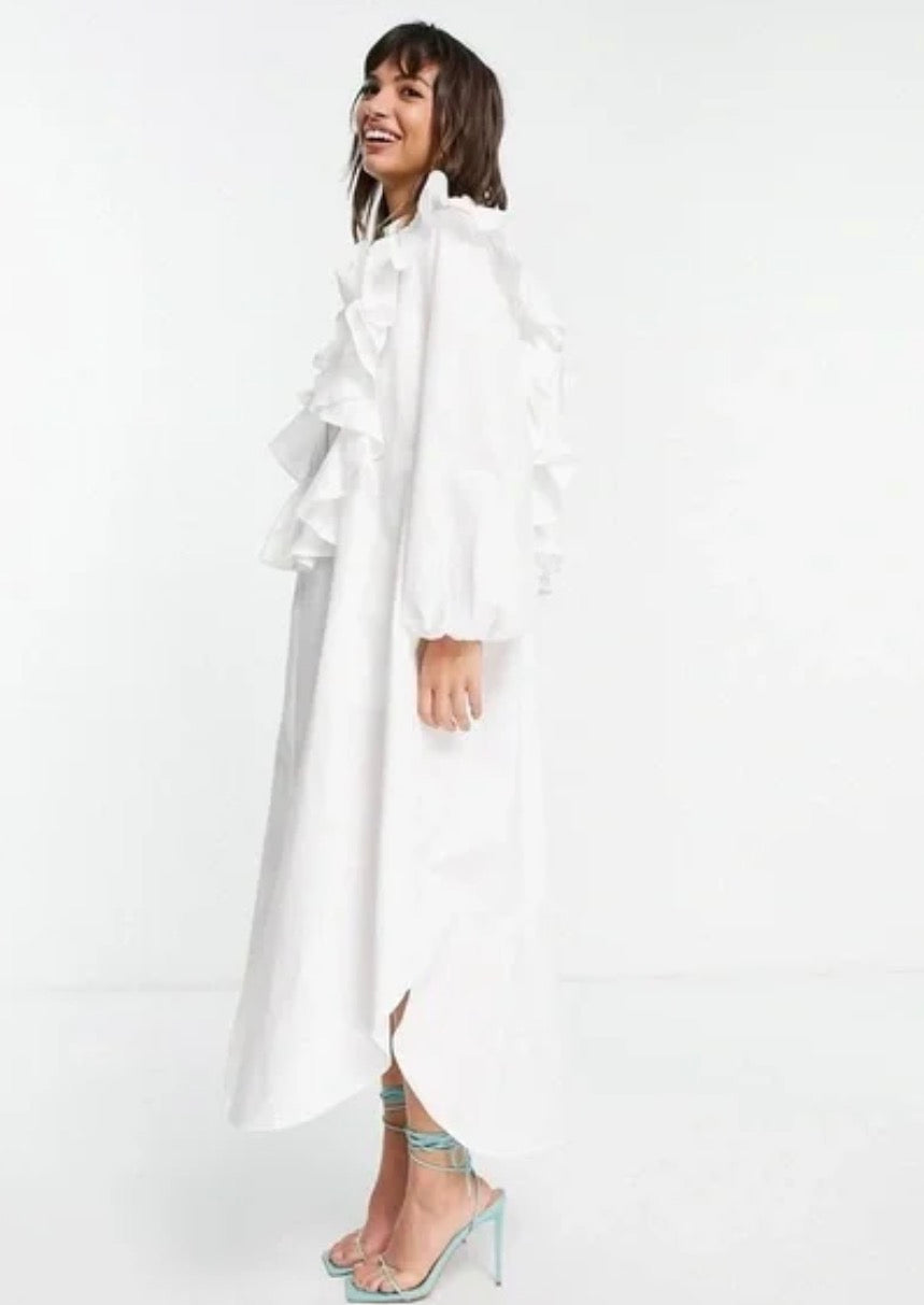 ASOS EDITION oversized shirt dress with ruffle detail in white
