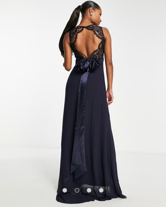 TFNC Bridesmaids chiffon maxi dress with a lace scalloped back in navy