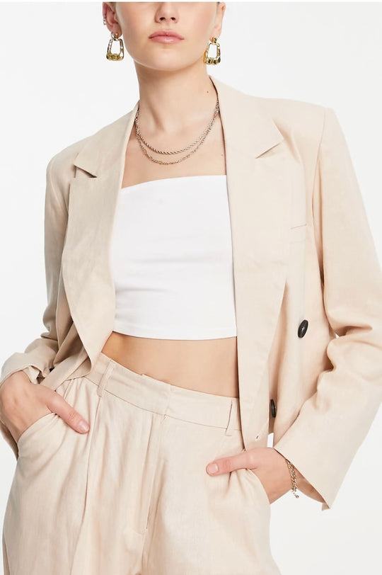 Topshop Tailored co-ord double breasted linen-blend blazer in stone