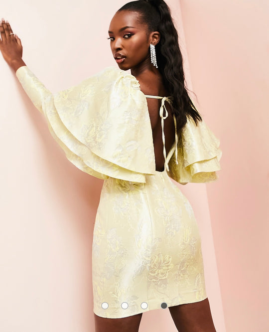 ASOS LUXE jacquard mini dress with triple ruffle shoulder in pastel yellow