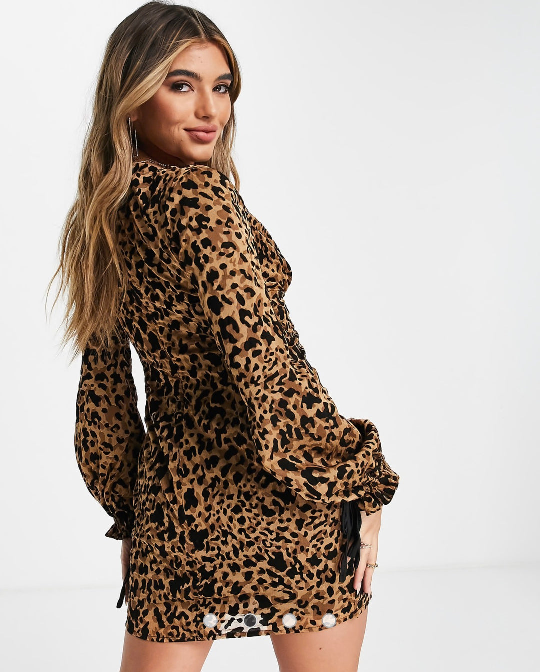 Koco & KPlus plunge front tie volume sleeve mini dress in leopard print