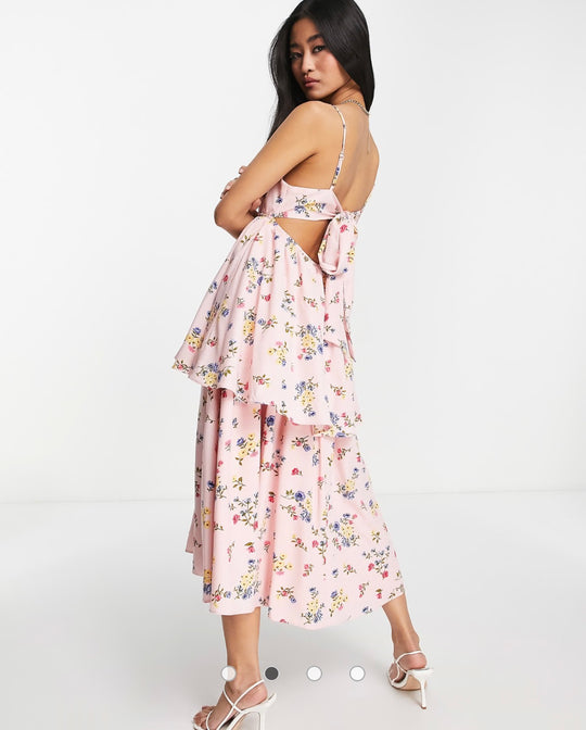 Collective the Label bow back tiered midi dress in pink ditsy print