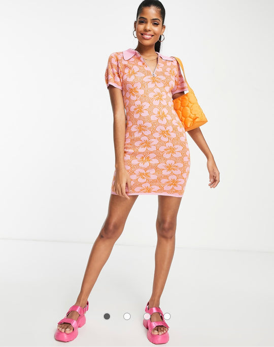 ASOS DESIGN knitted mini dress with collar in floral pattern