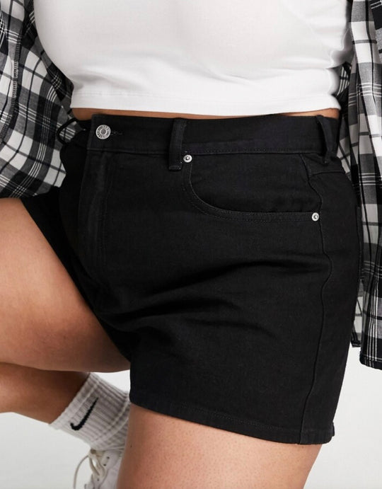 ASOS DESIGN Curve denim high rise '80's' mom shorts in black