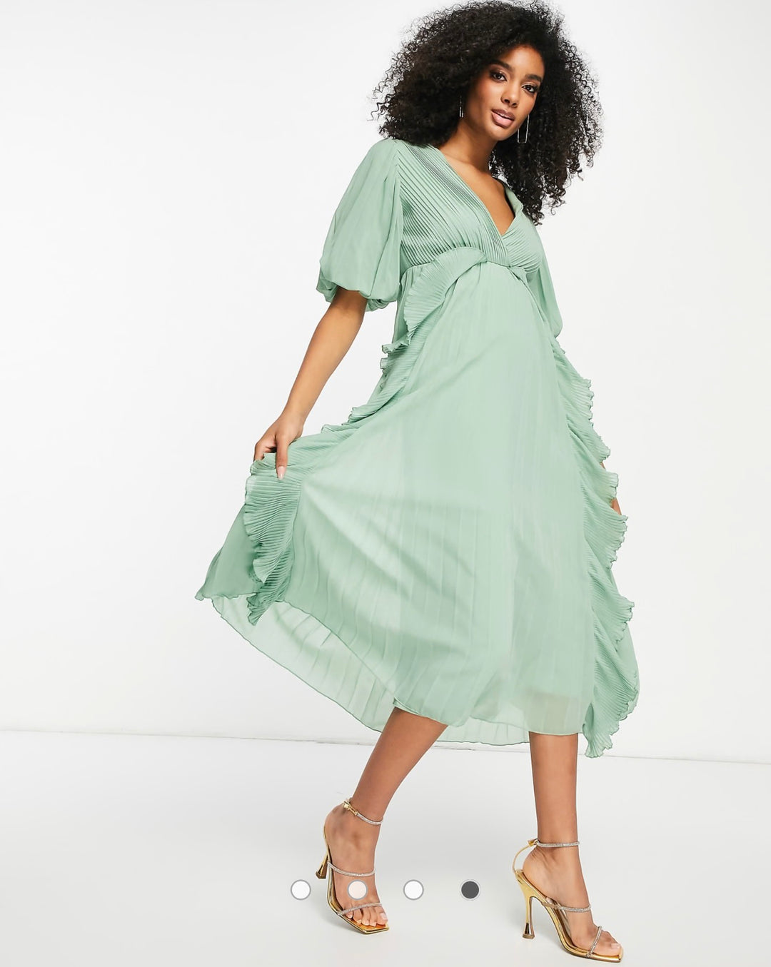 ASOS DESIGN wrap front ruffle micro pleat midi dress in sage green