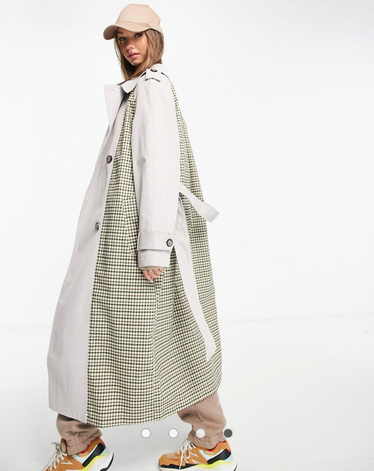 ASOS DESIGN Curve spliced check trench coat in khaki check