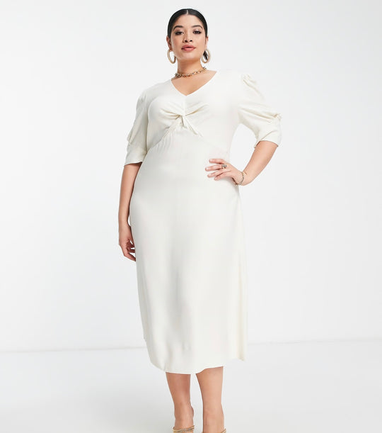 Closet London Plus twist front puff sleeve midi dress in cream