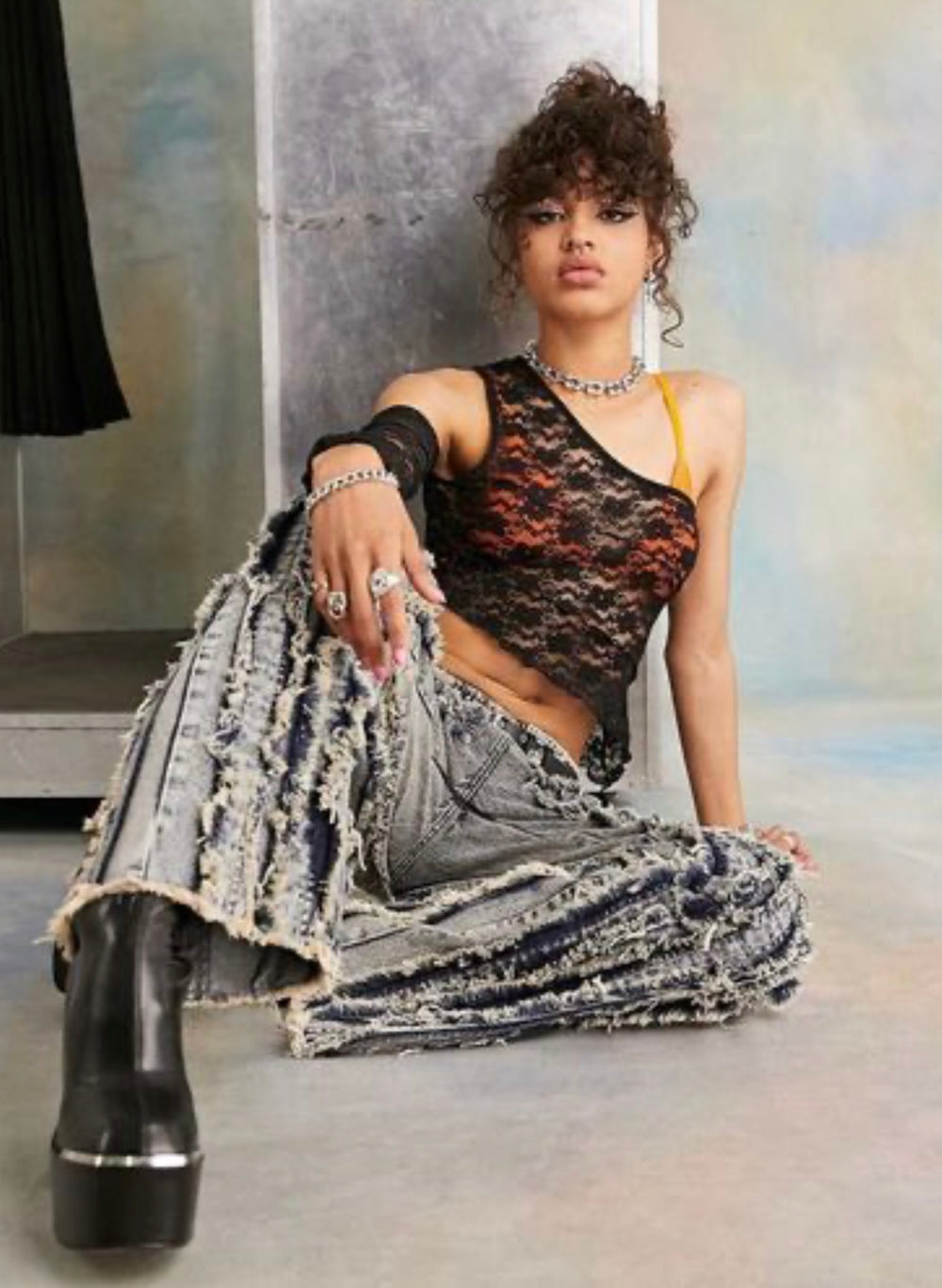 COLLUSION Exposed Seam Lace One Shoulder Top In Black