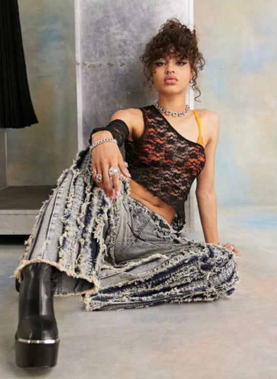 COLLUSION Exposed Seam Lace One Shoulder Top In Black