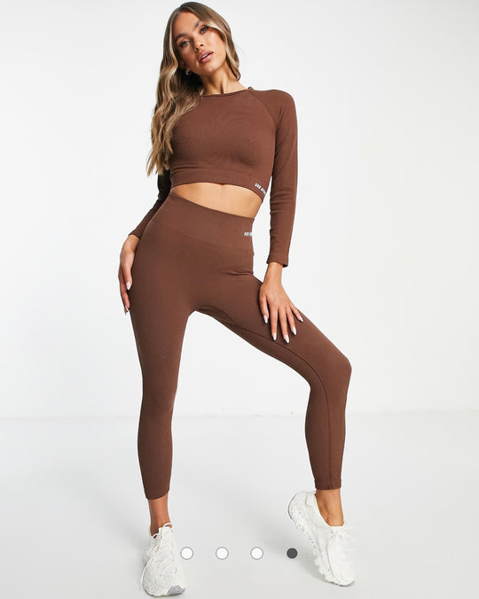 Urban Threads seamless long sleeve sports crop top in chocolate brown