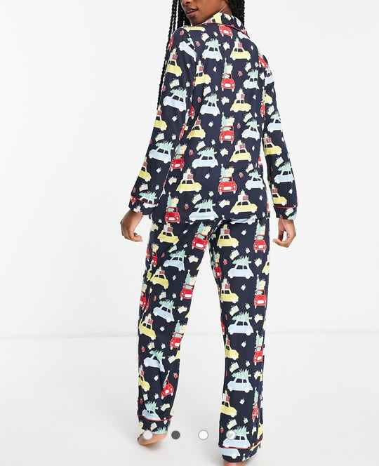 Chelsea Peers Christmas cars button through pyjamas in navy