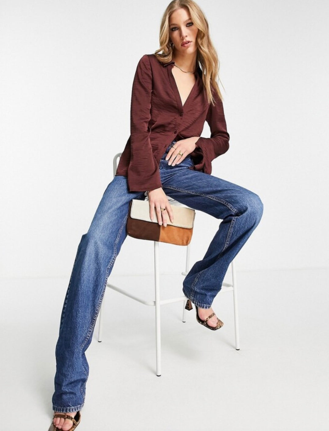 ASOS DESIGN 90S slim fit satin shirt in chocolate brown