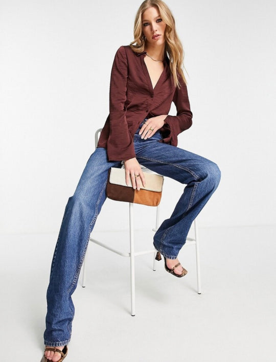 ASOS DESIGN 90S slim fit satin shirt in chocolate brown