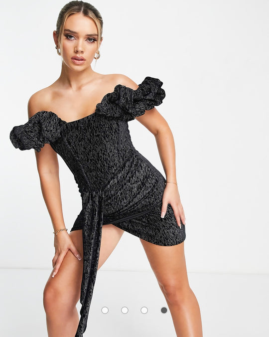Lavish Alice diamante velvet off the shoulder wrap mini dress in black