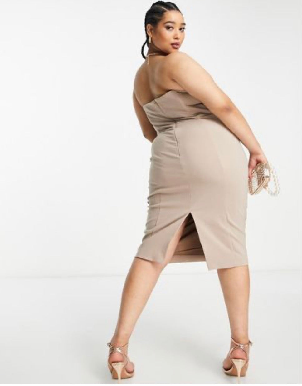 Lavish Alice Plus cowl front bandeau midi pencil dress in stone