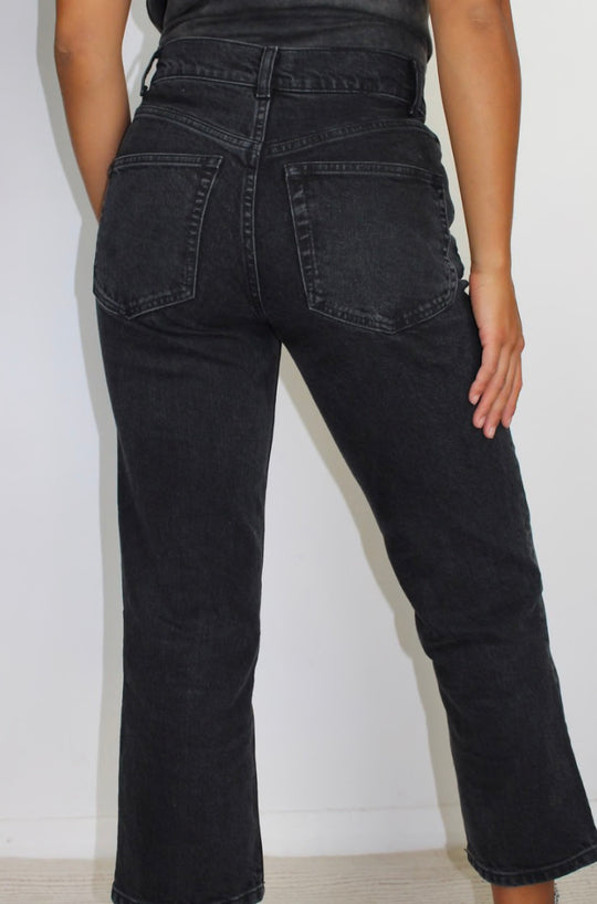 ASOS DESIGN high rise stretch 'slim' straight leg jeans in washed black