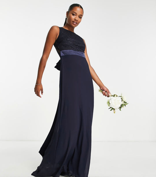 TFNC Bridesmaids chiffon maxi dress with a lace scalloped back in navy