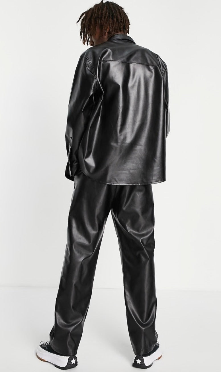 Reclaimed Vintage inspired leather look dad trousers in black