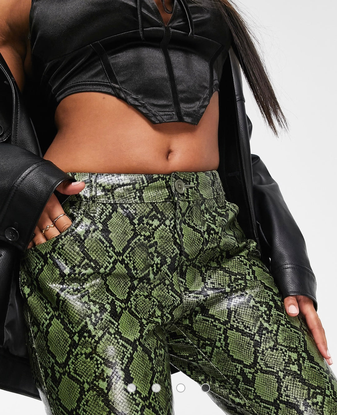 ASOS DESIGN Hourglass low rise leather look straight leg trouser in green snake