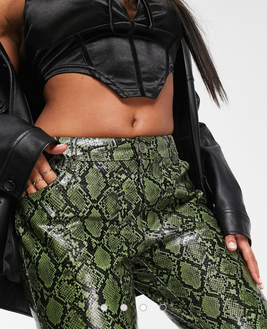 ASOS DESIGN Hourglass low rise leather look straight leg trouser in green snake