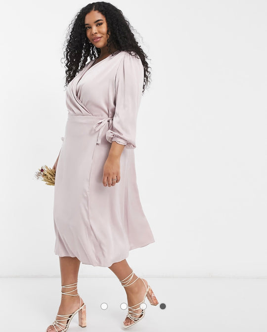 TFNC Plus bridesmaid satin long sleeve wrap front midi