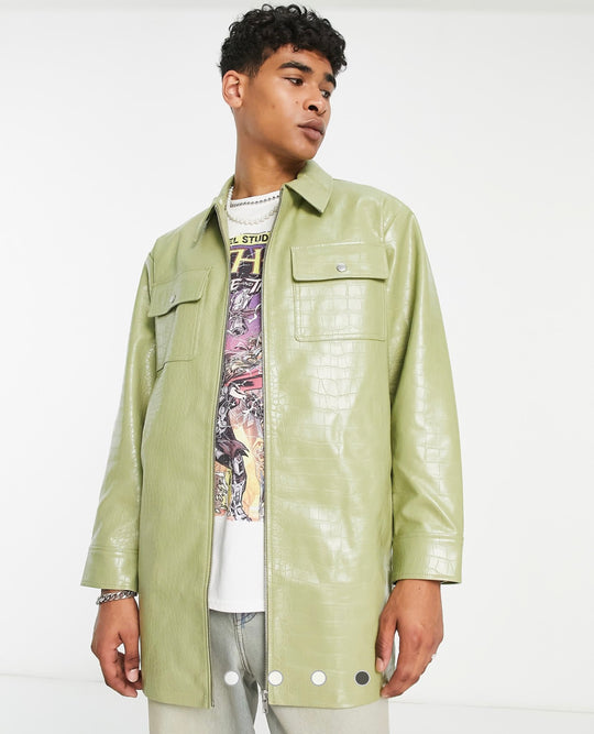 ASOS DESIGN oversized croc faux leather shacket in sage green