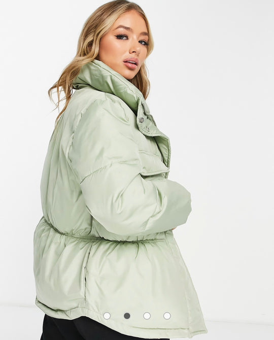 Threadbare Gemma cinched waist hooded puffer coat in sage green