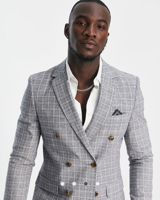 Harry Brown checked double breasted slim fit suit jacket in grey