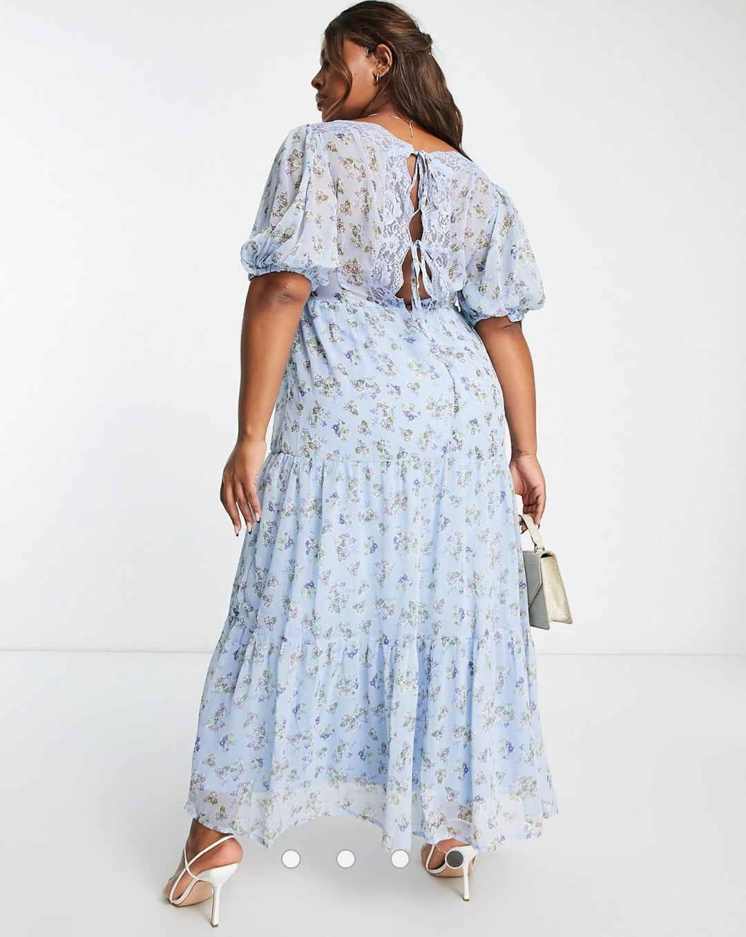 ASOS DESIGN maternity open back lace insert midi tea dress in blue ditsy floral