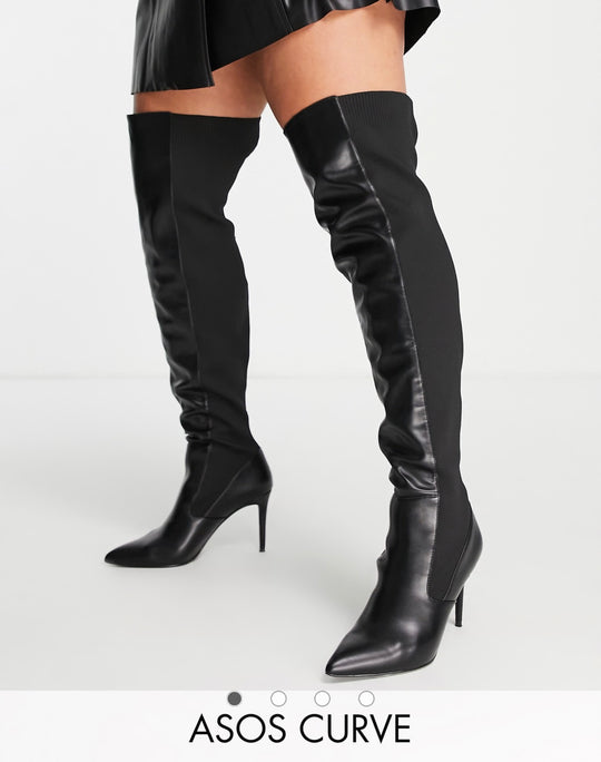 ASOS DESIGN Curve Exklusiva Blossom knähöga stövlar med klack i svart