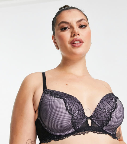 Dorina Curve Vibrant lace and fishnet plunge bra in black