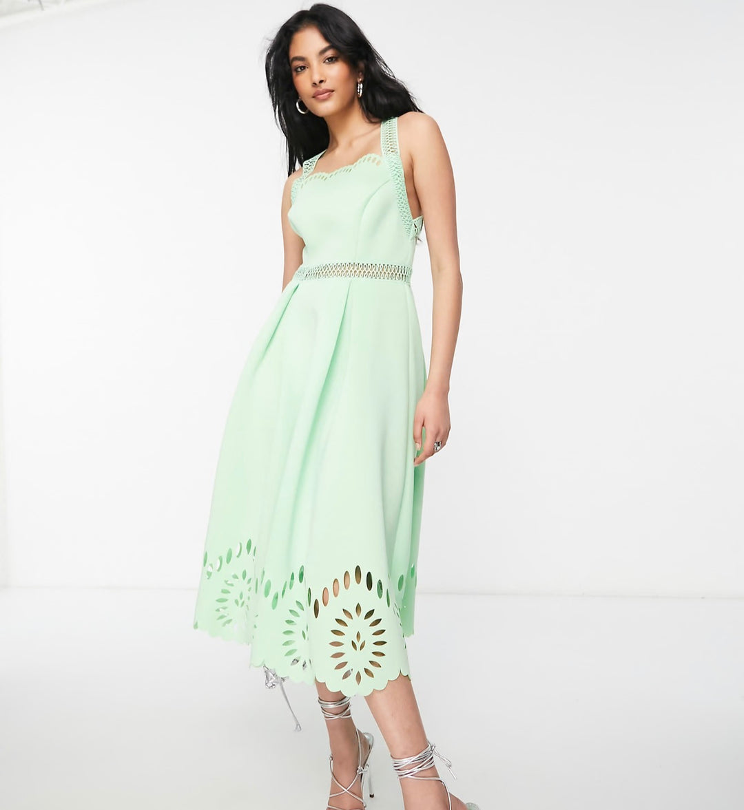 ASOS DESIGN cut work midi dress with scallop hem in green ash