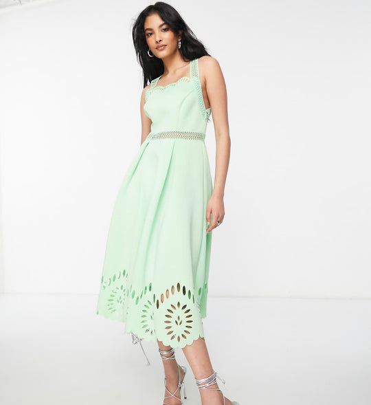ASOS DESIGN cut work midi dress with scallop hem in green ash