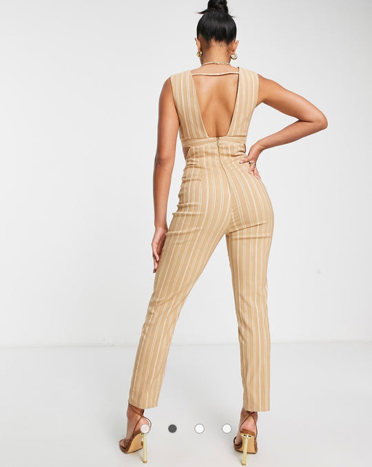 ASOS DESIGN co-ord formal jumpsuit in camel pinstripe