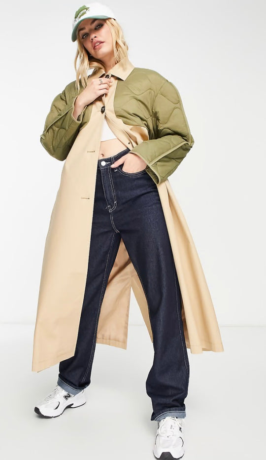 ASOS DESIGN hybrid quilted trench coat in khaki