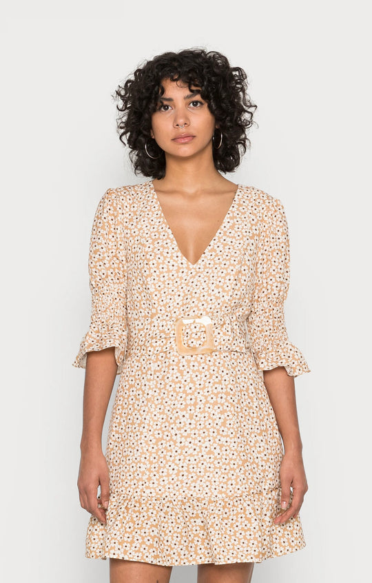 Forever New Petite Taryn Skater Mini Dress in Tan Retro Ditsy