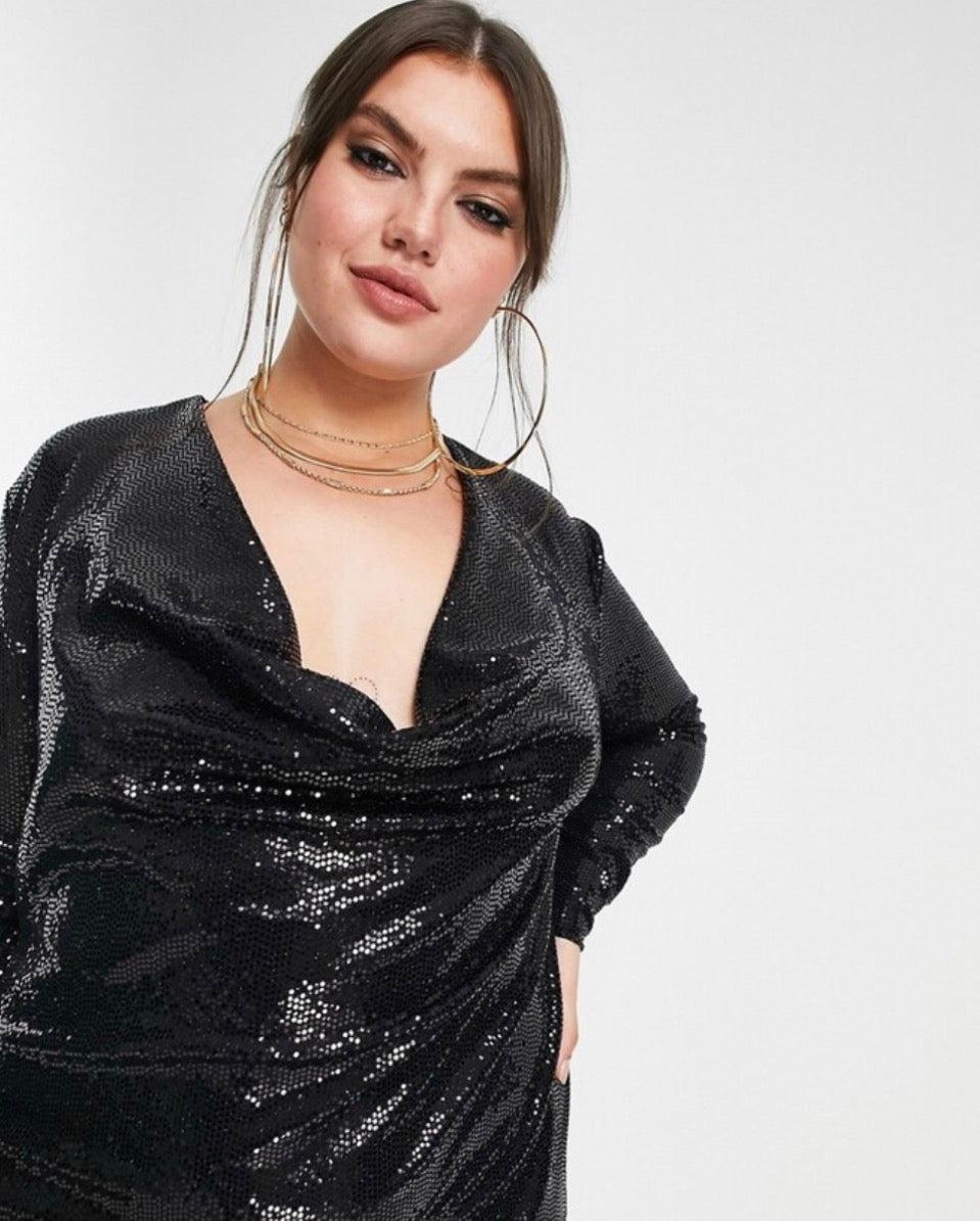 Flounce London Plus sequin cowl neck mini dress in black